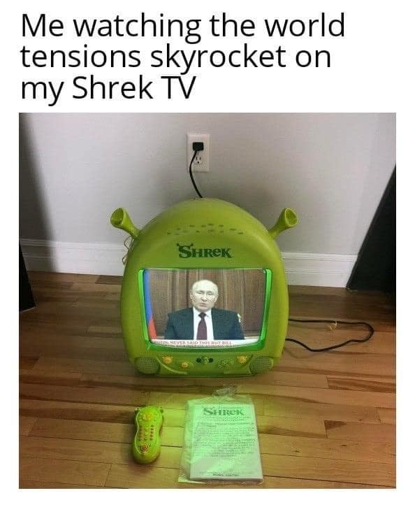 This meme is a humorous commentary on the current state of the world. It features an image of a Russian TV set, specifically a "Shrek" themed one, displaying a news anchor in a news broadcast. The text above the image reads: "Me watching the world tensions skyrocket on my Shrek TV"
