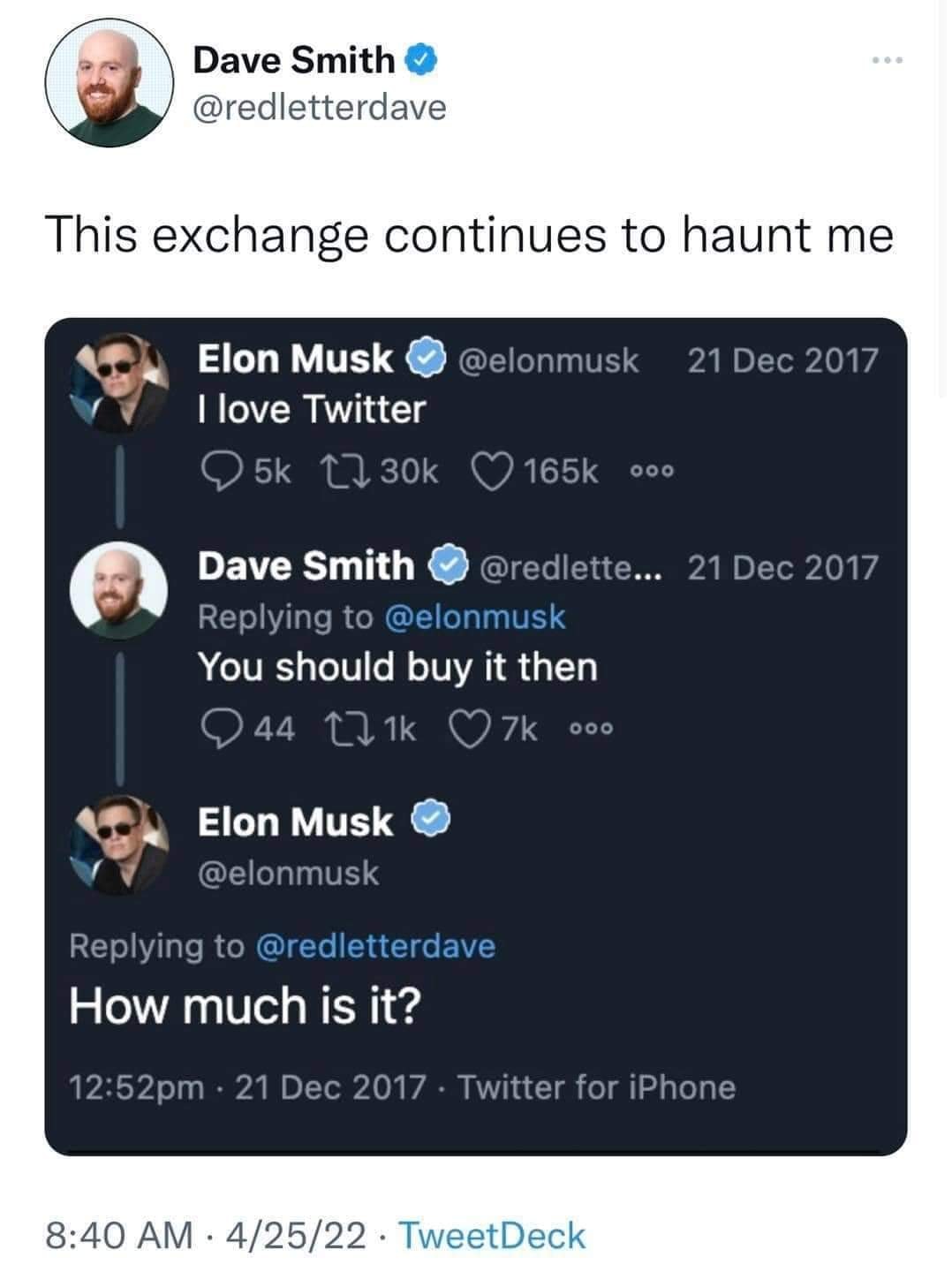 This meme is a screenshot of a Twitter conversation between Elon Musk and Dave Smith, a comedian and writer. The conversation is a humorous exchange about the price of a Tesla car, with Elon Musk responding to Dave Smith's question about the cost of a Tesla car. The text "How much is it?" is the final line of the conversation.
