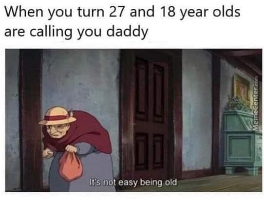 The meme is a still image from the 2004 animated film "Howl's Moving Castle" by Hayao Miyazaki. In the image, a character named Madam Satsuki is shown with a scowl on her face, holding a large, ornate box. The text overlaying the image reads: "When you turn 27 and 18 year olds are calling you daddy."