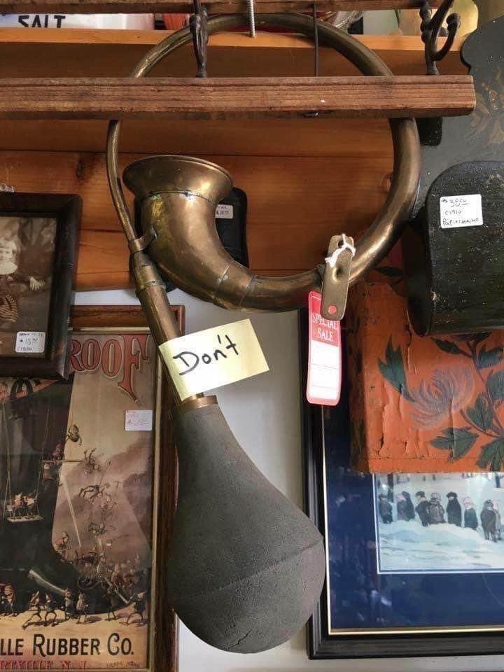 This meme is a picture of a old-fashioned, brass horn with a sign that says "Don't" attached to it. The horn is likely being used as a humorous warning sign, implying that someone should not use it or make a loud noise with it. The text "Don't" is a clear and direct warning, implying that the horn is not to be used or is not in working condition.