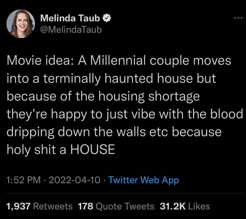 The meme is a humorous commentary on the challenges of modern life, specifically the struggle to find a decent place to live. The text reads: "Movie idea: A Millennial couple moves into a terminally haunted house but because of the housing shortage they're happy to just vibe with the blood dripping down the walls etc because holy shit a house". The meme pokes fun at the struggles of young adults navigating the housing market in a humorous and irreverent way.