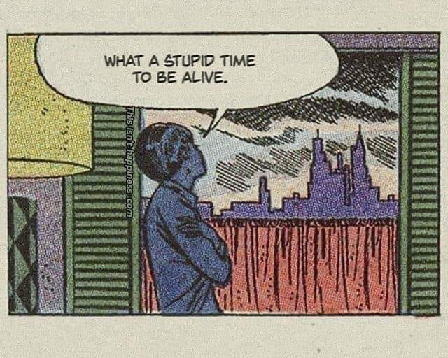 This meme features a comic strip-style image of a person sitting on a couch, looking out the window at a cityscape. The person is thinking to themselves, "What a stupid time to be alive." The text is a humorous commentary on the absurdity of the world and the person's own existential crisis.