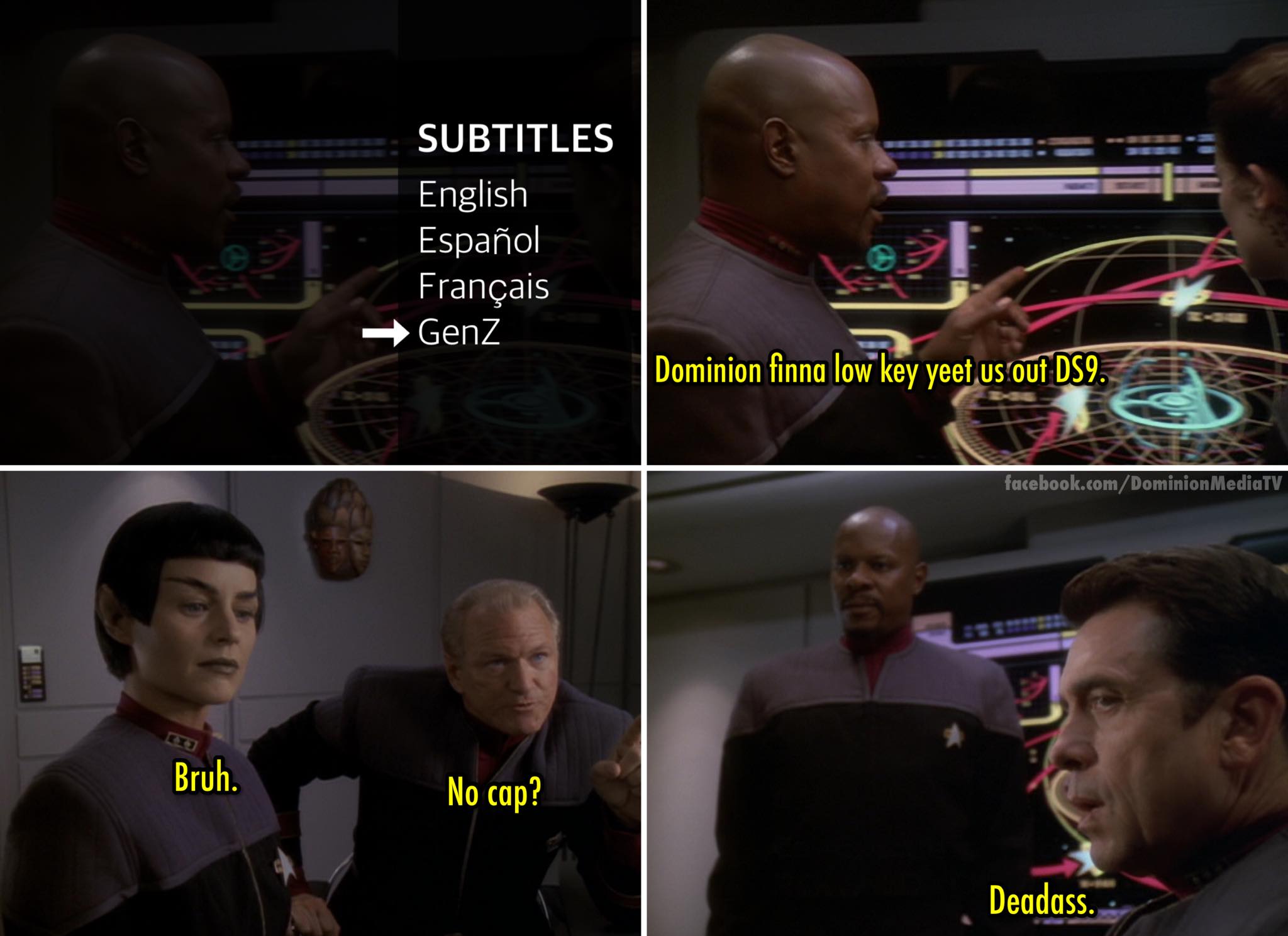 The meme is a screenshot from the TV show Star Trek: The Next Generation, featuring the character Captain Jean-Luc Picard. The image is captioned with a quote from the show, but the quote has been replaced with a humorous and nonsensical phrase. The text reads: "Dominion finna low key yeet us out DS9."