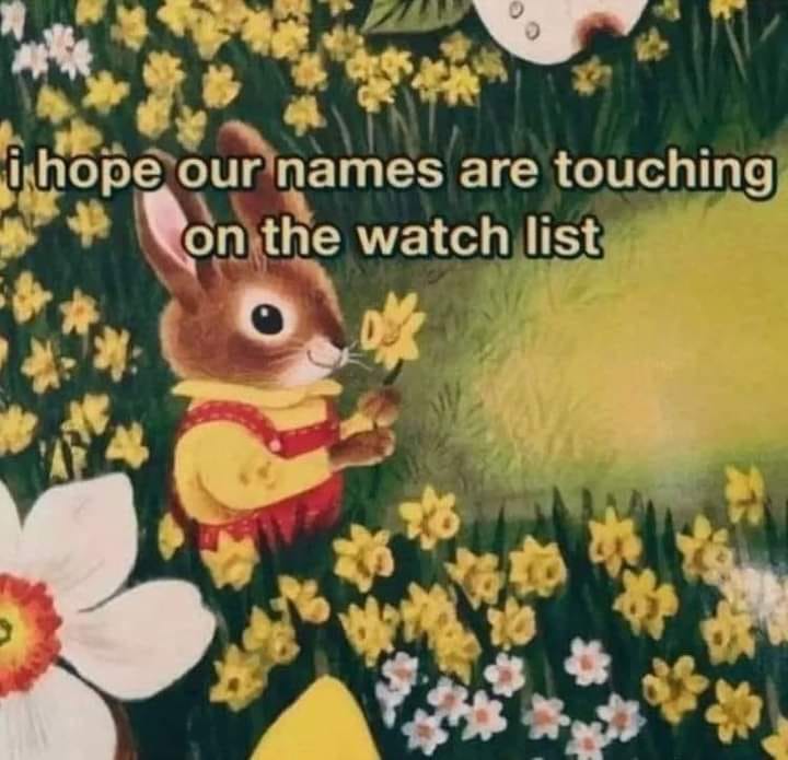 This meme is a humorous image of a cartoon rabbit in a garden, surrounded by flowers. The text overlayed on the image reads: "I hope our names are on the watch list." The image is likely meant to be ironic or humorous, implying that the rabbit is checking if its own name is on a list of people to be watched or monitored.