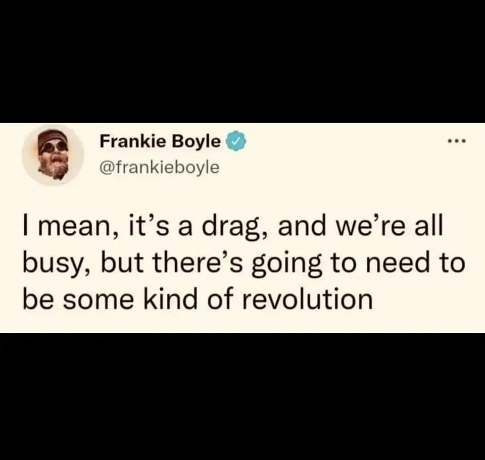 This meme is a humorous tweet from comedian Frankie Boyle. The tweet reads: "I mean, it's a drag, and we're all busy, but there's going to be some kind of revolution." The tweet is likely a commentary on the current state of the world and the need for change. The tone is dry and sarcastic, with a hint of irony.