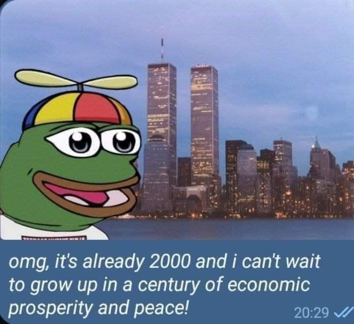 This meme is a screenshot of a social media post that reads: "I can't wait to live in a world where I can fly to work in my jetpack and have robots do all my chores." The image is a humorous commentary on the over-optimistic and unrealistic expectations of the past. The text is often paired with a humorous image of a cartoon character, Pepe the Frog, who is often used to express sarcasm and irony.