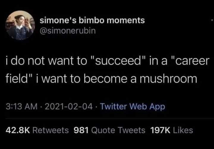 The meme is a screenshot of a tweet that reads: "i do not want to 'succeed' in a 'career' field, i want to become a mushroom." The tweet is humorous and ironic, suggesting that the author would rather have a simple, low-key existence as a fungus rather than pursuing a high-stress career. The tone is playful and tongue-in-cheek, with a hint of whimsy and a desire to escape the pressures of modern life.
