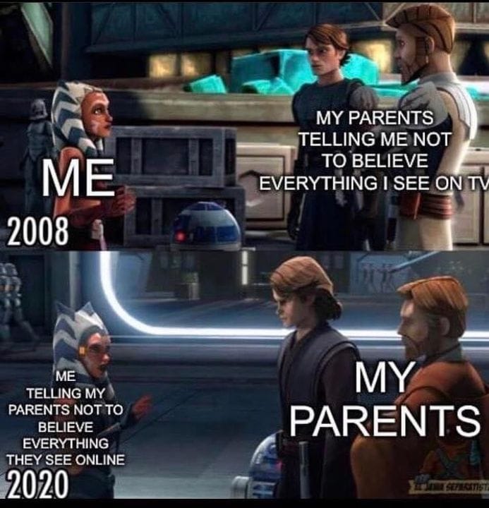 This meme is a humorous comparison between a person's past and present. The top panel shows a character from the animated series "Star Wars: The Clone Wars" in 2008, with text stating "me" and "my parents". The bottom panel shows the same character in 2020, with text stating "me" and "my parents" again, but with a different message. The meme pokes fun at how societal norms and expectations have changed over time, particularly with regards to how people interact with others and the internet.