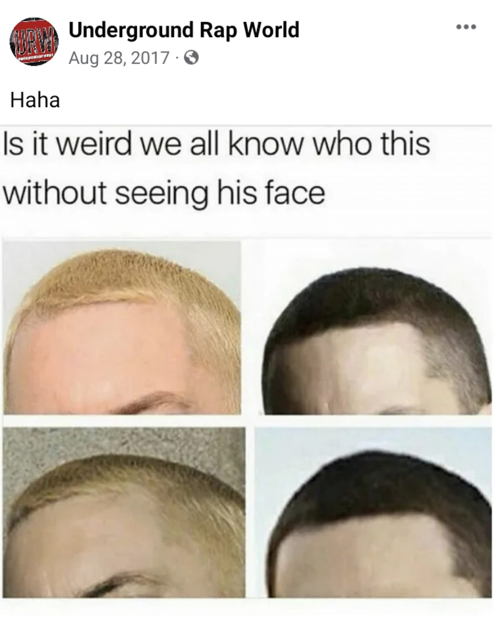 The meme features a series of close-up photos of celebrities' faces, but they are all cropped to only show a small section of their forehead or eyebrows. The text above the images reads "Is it weird we all know who this is without seeing his face?" and is followed by "Haha, is it?"