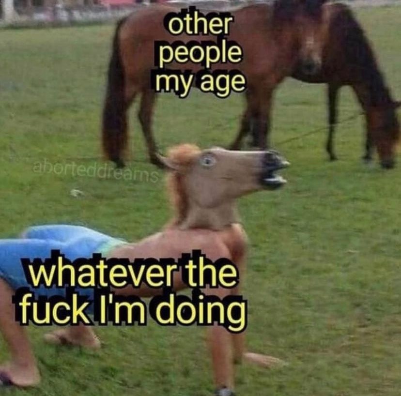 This meme features a photo of a horse with a human face, wearing a confused expression. The text overlaid on the image reads: "When you're 25 and still doing whatever you want, but everyone else is getting married and having kids."