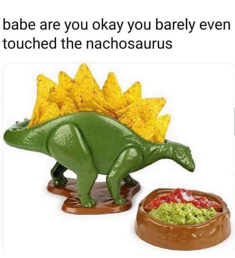 The meme is an image of a toy dinosaur, specifically a Stegosaurus, with a bowl of nachos and cheese on its back. The image is captioned "babe are you okay you barely even touched the nachosaurus". The joke is that the person is making a playful comment about not eating all the nachos, implying that the person who is eating them is not doing a good job of controlling their appetite.