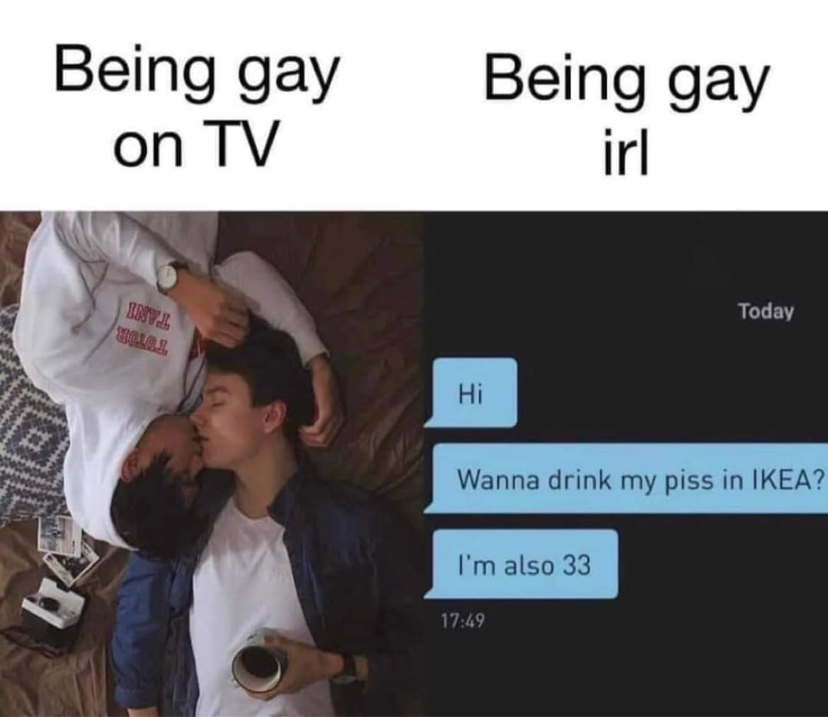 The meme is a humorous comparison between the experiences of gay people in the past (represented as "Being gay on TV") and in the present (represented as "Being gay IRL"). The text on the right side reads "I'm 33" and the conversation on the left side is a joke about a person's desire to drink their own urine in IKEA.
