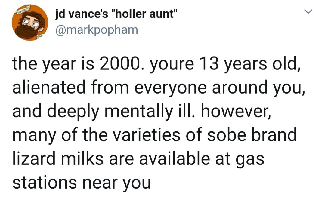 This meme is a humorous commentary on the challenges of growing up in the early 2000s. The text reads: "the year is 2000. you're 13 years old, alienated from everyone around you, and deeply mentally ill. however, many of the varieties of sobe brand lizard milks are available at gas stations near you." It's a satirical take on the struggles of adolescence, exaggerating the challenges of being a teenager in the early 2000s. The joke is that the author is describing a typical teenager's life in 2000, but also mentioning a specific brand of milk that was popular at the time.