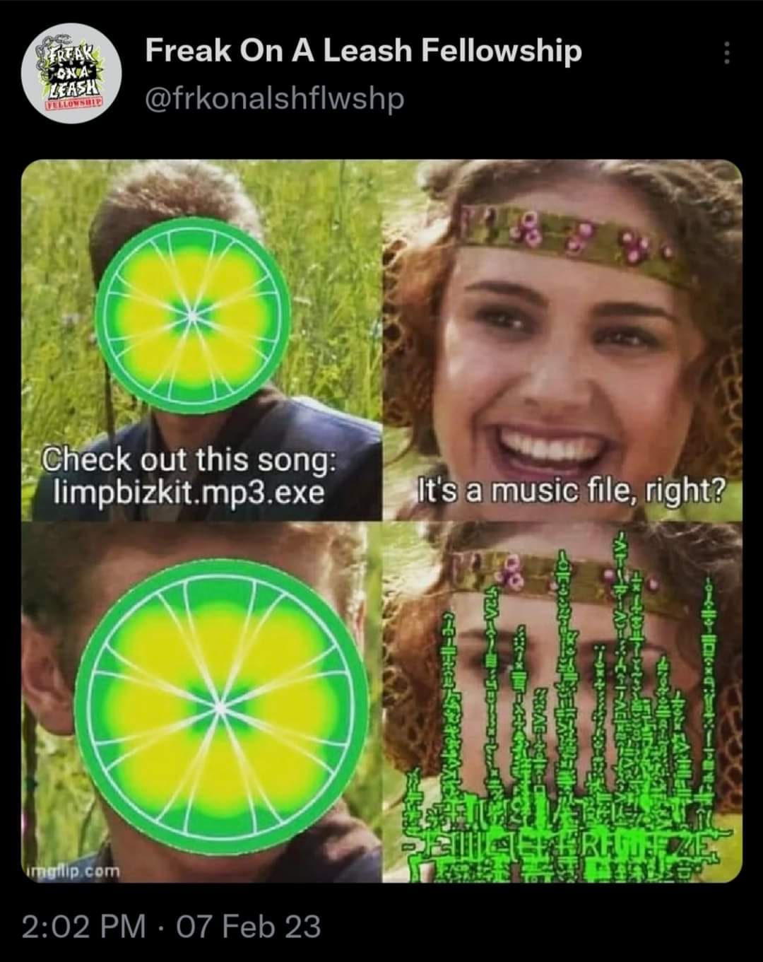The meme is a screenshot of a Twitter post from the account "Freak on a Leash" (a reference to a song by the rap metal band Korn). The post features a still image from a movie or TV show, but the face has been edited to resemble a "distracted" or "confused" expression. The text overlaid on the image reads: "Check out this song: limpbizkit.mp3.exe"
