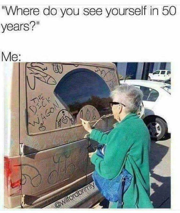 This meme is a humorous take on the idea of self-discovery. It features an image of a woman standing in front of a van with the words "The Dick Wagon" and "The Dick Wagon 2" written on it. The meme's text reads: "Where do you see yourself in 50 years?" and the response is "In the back of the Dick Wagon".