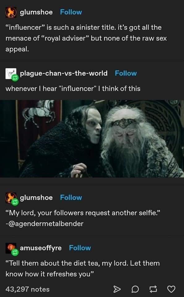 This meme is a screenshot of a Reddit post where a user is responding to a comment about the term "influencer" being a "sinister" title. The image shows a screenshot of a comment from a user named "plague-chan-vs-the-world" who says "influencer is a sinister title, it's gotten all the menace of 'royal advisor' but none of the raw sex appeal."