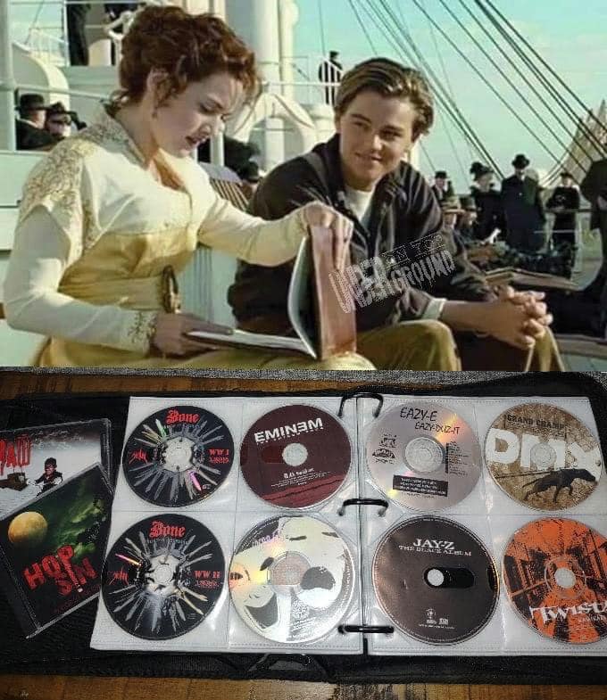 This meme is a humorous comparison between two situations. The top image shows a scene from the 1997 film "Titanic" where Jack and Rose are reading books on the ship's deck. The bottom image shows a person's music collection, specifically a CD case with a mix of hip-hop and rap CDs. The text "I'd die for you" is written in the top image, and the text "I'd die for your CD collection" is written in the bottom image, implying that the person's love for their music collection is just as strong as Jack's love for Rose.