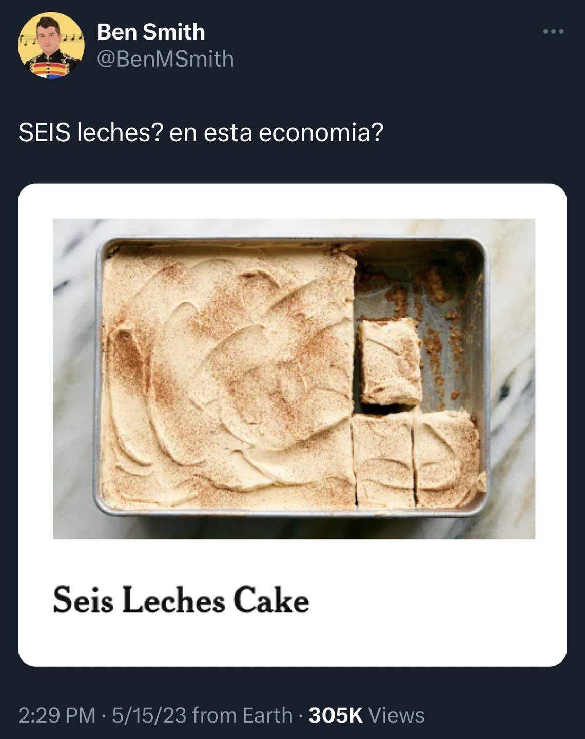 The meme is a joke about the economic impact of a popular Mexican dessert, specifically a type of creamy custard pastry called "seis leches" (six milks). The image shows a picture of a "seis leches" cake, with a caption that reads "SEIS LECHES? EN ESTA ECONOMIA?". The text is a play on words, asking if the six milks in the dessert are a reflection of the economy's financial struggles.