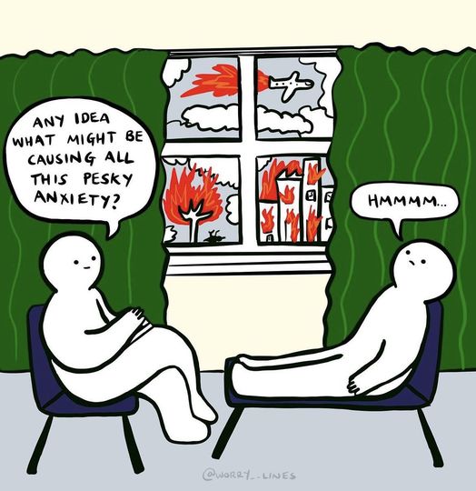 This meme features a cartoon of two people sitting in chairs, with one person asking the other if they think anything is causing their anxiety. The second person responds with a "hmm" and a shrug, implying that they don't know what's causing the anxiety. The text in the image reads "any idea what might be causing all this anxiety?" and the second person's response is "hmm...".