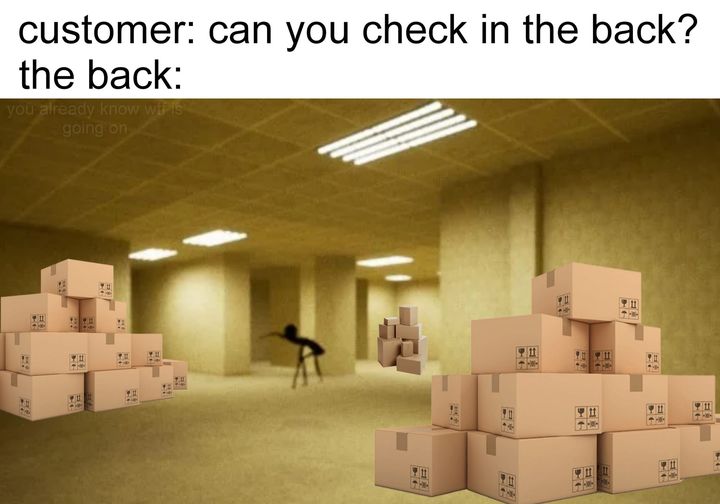 This meme is a play on the idea of a customer service interaction. The image shows a person in a large warehouse filled with boxes, with a single person in the distance. The text above reads "Customer: Can you check if the package is in the back?" and the text below reads "Yes, it's right here". The humor comes from the absurdity of the situation, implying that the package is literally in the back of the warehouse, and the customer service response is a sarcastic joke.