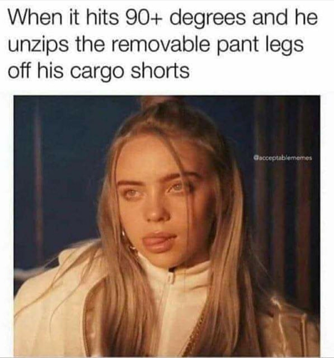 The meme is a humorous image featuring a photo of Billie Eilish, a popular singer. The text above the image reads: "When it hits 90+ degrees and he unzips the removable pant legs off his cargo shorts." The meme is likely referencing a common situation where someone is wearing cargo shorts with removable pant legs that can be zipped off for comfort in hot weather, but the person in the photo looks unimpressed or annoyed.