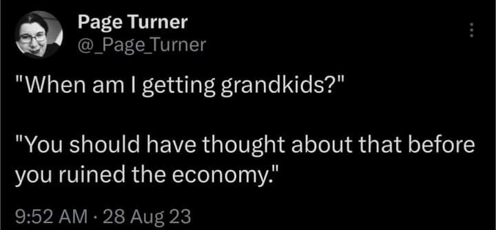 The meme is a tweet that reads: "When am I getting grandkids? You should have thought of that before you ruined the economy." The tweet is a humorous and sarcastic response to the idea of becoming a grandparent, implying that the speaker's financial struggles are a result of their own poor financial decisions.