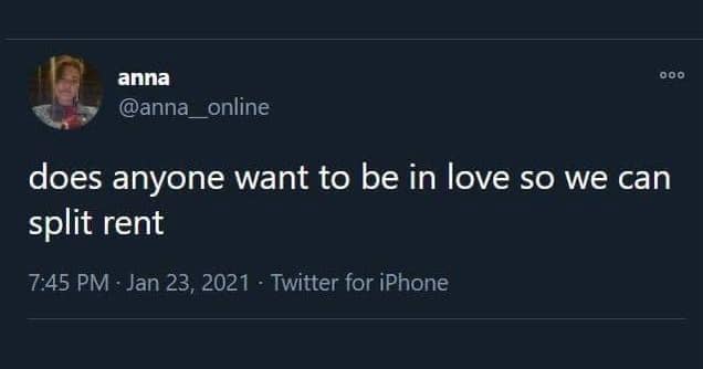 The meme is a screenshot of a tweet that reads "does anyone want to be in love so we can split rent". The text is presented in a simple, white font on a dark gray background. The tone of the tweet is humorous and playful, implying that the author is looking for a romantic partner who will also be willing to share the financial burden of renting a place.