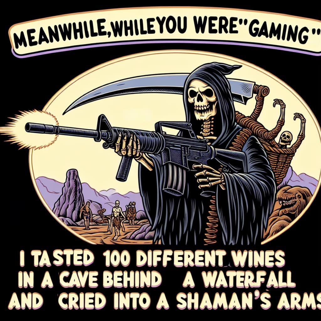 The meme is a humorous image featuring a cartoon illustration of the Grim Reaper, a character typically associated with death, holding a gun and drinking wine. The image is captioned with the text: "I tasted 100 different wines in a cave behind a waterfall and cried into a shaman's arms." The meme is likely poking fun at the idea of a person being extremely adventurous and experiencing a dramatic, emotional experience.