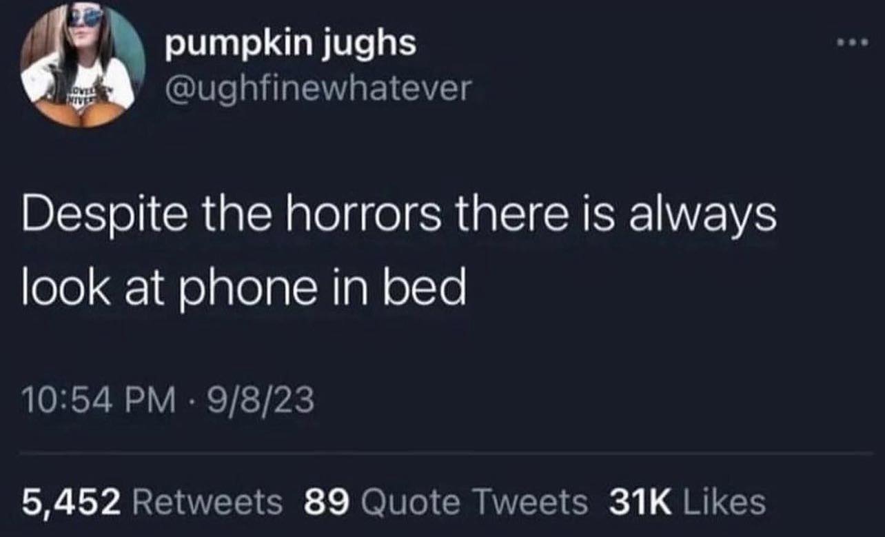 This meme is a simple, humorous tweet that reads: "Despite the horrors there is always something that looks at you in bed." The text is presented in a clean, white font on a black background, with no images or illustrations to accompany it. The tone is lighthearted and playful, poking fun at the idea that even in the midst of horror, there's always something that can be a little bit annoying or disturbing.