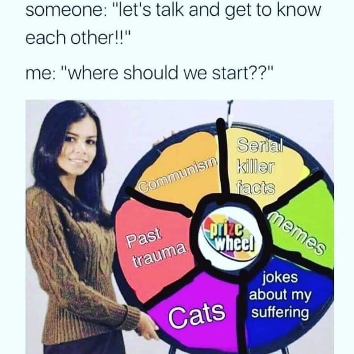 The meme is a humorous image of a "Prize Wheel" game show prop, but instead of prizes, it has sections with humorous and relatable topics, such as "Cats", "Jokes about my suffering", and "Past trauma". The text at the top reads: "someone: 'let's talk and get to know each other!' me: 'where should we start?'"