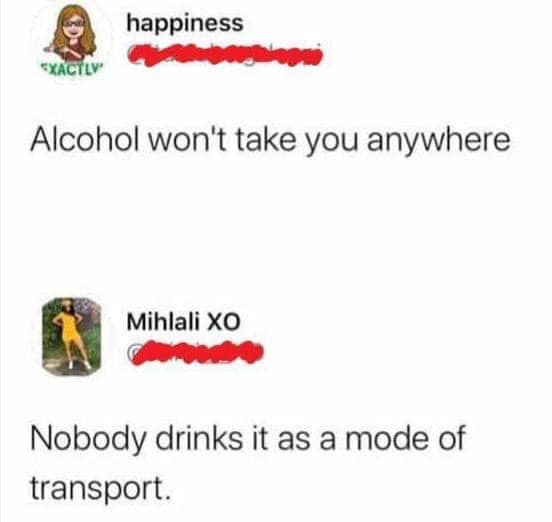The meme is a screenshot of a conversation between two users, with a humorous exchange about drinking and transportation. The first user says "Alcohol won't get you where you need to go" and the second user responds with "Nobody drinks it as a mode of transport".