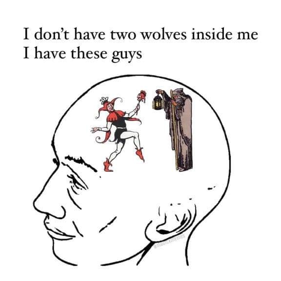 This meme is a humorous commentary on the idea that one's mind is a chaotic and unpredictable place. The image depicts a person's inner thoughts, with various characters from different stories and genres (such as a werewolf and a vampire) inside their head, illustrating the idea that they are struggling to control their own thoughts. The text "I don't have two wolves inside me, I have these guys" is a humorous twist on the classic phrase "I have two wolves inside me, one is good and one is evil" from a Native American legend.