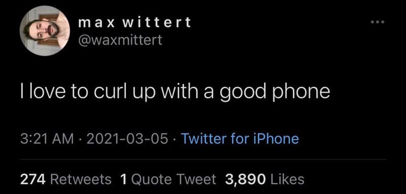 This meme is a screenshot of a Twitter post from user "max" with the username "max_witt" (not "max witt"). The post reads: "I love to curl up with a good phone." The post is accompanied by a photo of a person with a phone, but the image is not described.