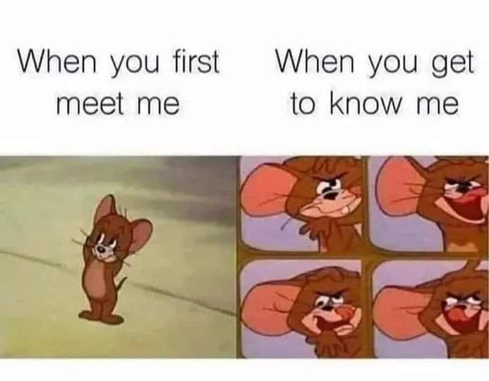 This meme is a humorous comparison between two contrasting emotions or situations. The text "When you first meet someone" is paired with a cartoon image of a character (Jerry) looking awkward and uncomfortable. The text "When you get to know them" is paired with a different image of Jerry looking happy and relaxed, with a caption that implies a change in his personality or demeanor after getting to know someone.