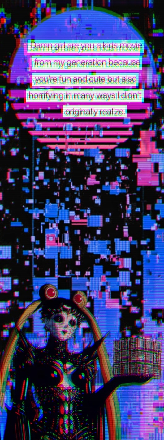 This meme is an image with a bold, neon-lit text that says "Damn girl are you a kids movie from my generation because you're fun and cute but also horrifying in many ways I didn't originally realize." The image itself is likely a dark, surreal, and unsettling illustration, possibly featuring a mix of cartoon-like characters and eerie, industrial-like backgrounds. The text's tone and language suggest a humorous, sarcastic commentary on the idea of a "kids movie" being both fun and terrifying.