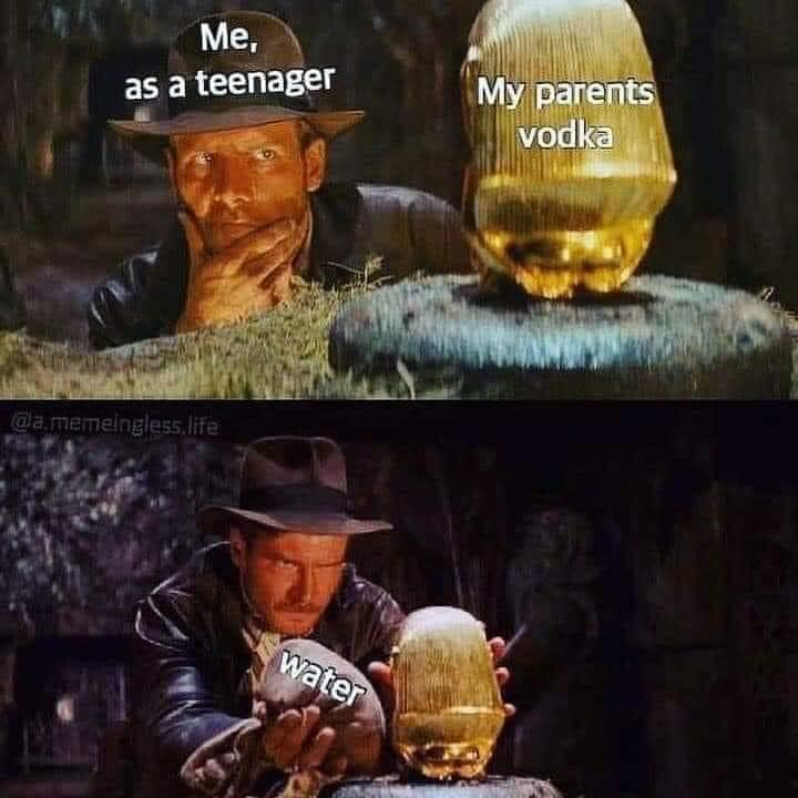 This meme is a play on the classic "Indiana Jones" scene where he discovers a mysterious stone that reveals his inner thoughts. In this version, the stone is labeled "Me, as a teenager" and contains the phrase "I drink". The stone is then split into two parts, with one labeled "I drink" and the other labeled "My parents' vodka". The second part is then revealed to contain "water", implying that the teenager is drinking their parents' vodka, which is actually just water.