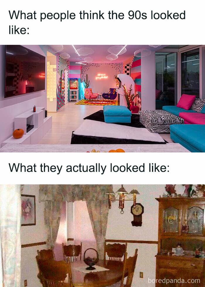 This meme is a humorous comparison between the way people think the 1990s looked and how they actually looked. The top image depicts a modern, sleek, and futuristic living room with neon lights and a large TV, with the caption "What people think the 90s looked like". The bottom image shows a typical 1990s living room with a TV, VCR, and old furniture, with the caption "What they actually looked like".