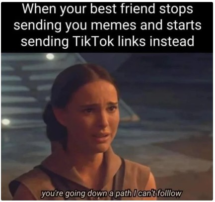 This meme is a screenshot from the TV show "The Mandalorian" featuring the character of The Child (also known as Baby Yoda) saying "When you're going down a path I can't follow". The image is then captioned with a humorous text: "When your best friend stops sending you memes and starts sending TikTok links instead". The meme is a lighthearted way to poke fun at the frustration of having friends who change their online habits.