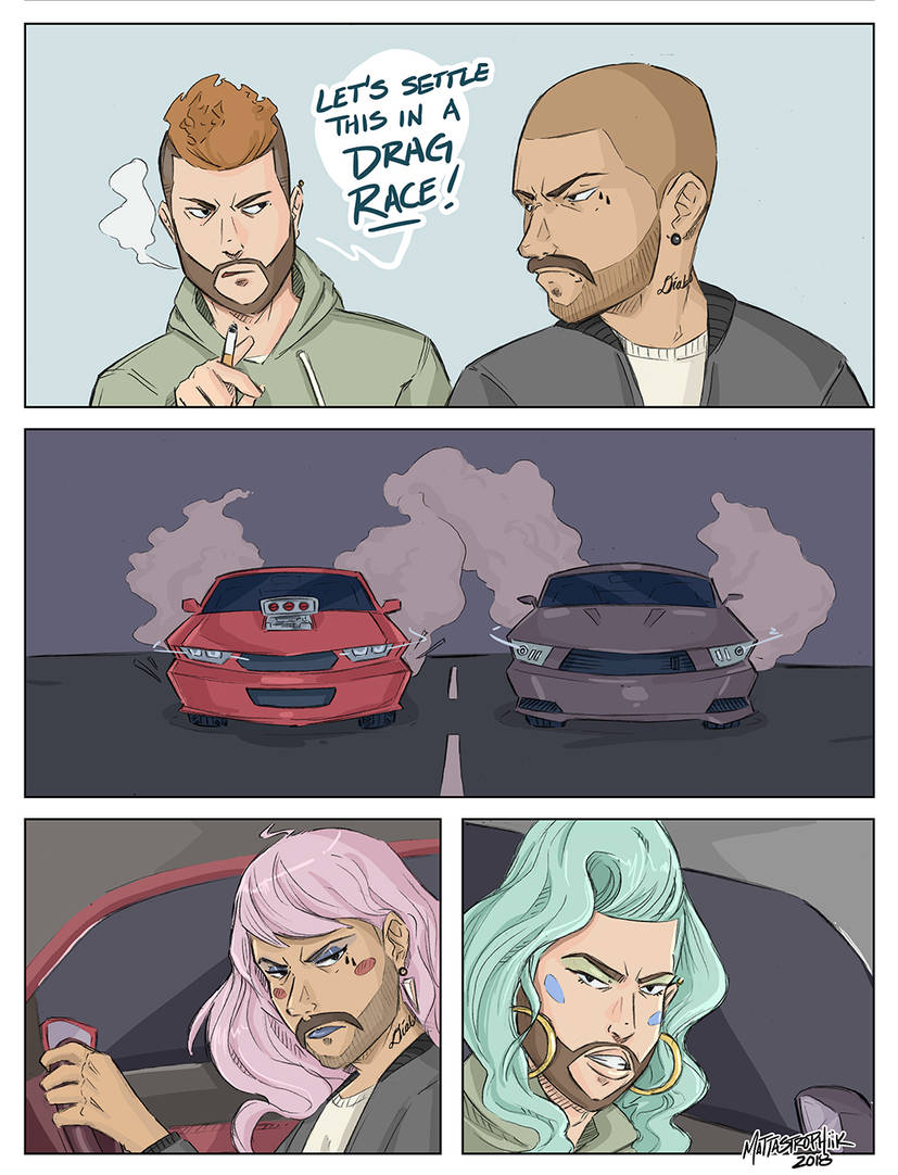 This meme is a humorous illustration of two people, one with a calm demeanor and the other with an aggressive one, in a "drag race" situation. The text "Let's settle this in a drag race" is written in a thought bubble above the aggressive person. The image is likely meant to be humorous and satirical, poking fun at the idea of settling disputes through a high-stakes, high-risk activity like a drag race.