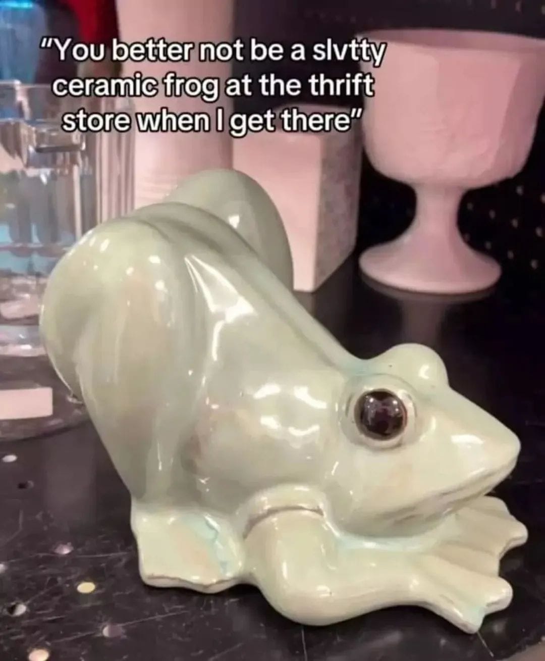 This meme is an image of a ceramic frog with a broken or damaged leg. The text above the frog reads, "You're better than me, I'm just a broken ceramic frog. You're better than me, I'm just a broken ceramic frog."
