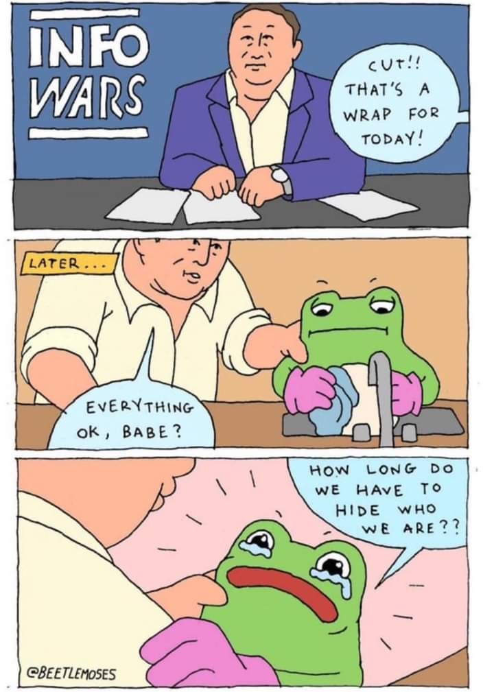 The meme features a comic strip from the "Info Wars" show, a satirical news program. The strip shows a news anchor reading from a script, but suddenly breaks into a conversation with a character who is being interviewed. The character, a frog, is being asked to hide his identity, and responds with a quote from the popular internet meme "Pepe the Frog".