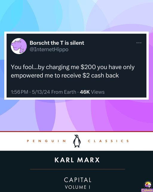 This meme is a screenshot of a Twitter post from the account "Borscht the T" (a satirical account that often uses humor to critique internet culture). The post reads: "You fool... by charging me $200 you have only empowered me to receive $2 cash back." The text is presented in a bold, white font on a dark background, with a playful, sarcastic tone. The post is likely a response to a situation where someone was charged $200 for a service or product, and the author is jokingly saying that they are only able to receive $2 in cash back as a result.