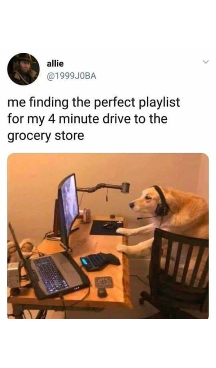 This meme is a humorous image of a dog sitting at a desk with a computer, wearing a headset and a "I'm listening to music" sign on its head. The text above the image reads: "me finding the perfect playlist for my 4-minute drive to the grocery store". The meme is poking fun at the idea that someone would spend a lot of time creating a playlist for a short drive, and the image of a dog doing so is an absurd and humorous twist on this concept.