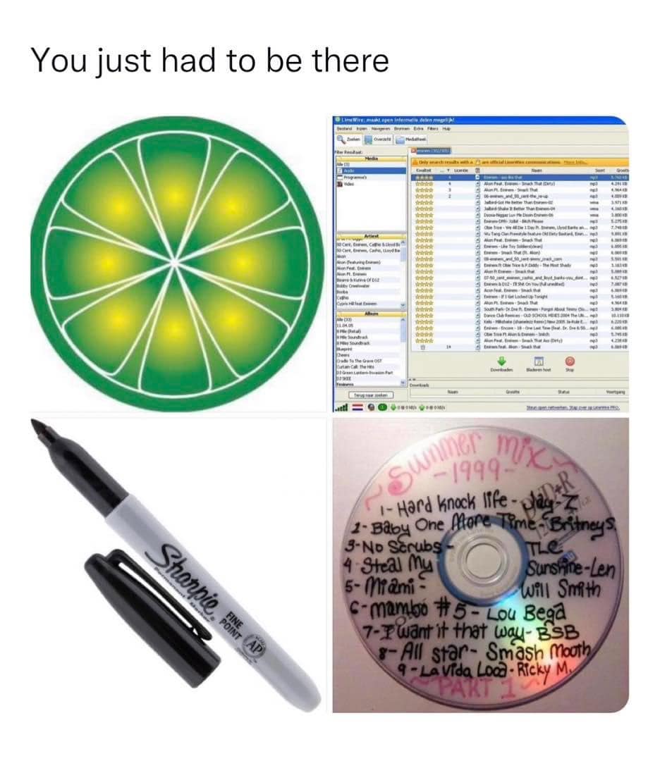 This meme is a collage of various internet culture references, including a screenshot of a chat log, a screenshot of a text editor, and a screenshot of a CD with a song list. The text "You just had to be there" appears at the top, implying that the joke is only funny if you're familiar with the references. The meme is a humorous commentary on the nostalgia and absurdity of internet culture, poking fun at the idea that some experiences are only funny if you've been through them.