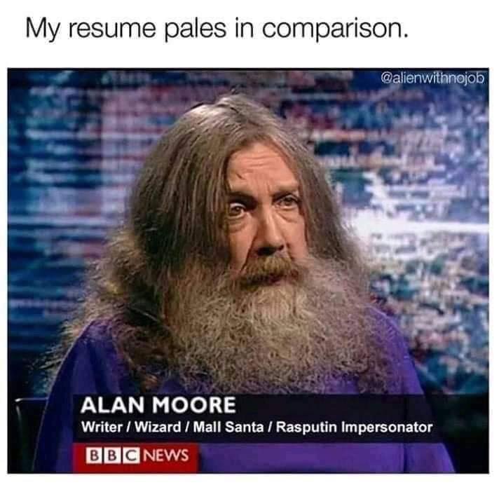This meme is a screenshot of a TV news interview with a man with a long, unkempt beard and wild hair, wearing a purple shirt. The text overlay on the image reads: "My resume pales in comparison." The image is humorous because it implies that the man's eccentric appearance and job title (listed as "Writer/ Wizard/Mall Santa/Rasputin Impersonator") are so outrageous that they make the speaker's own job experience and skills seem dull by comparison.