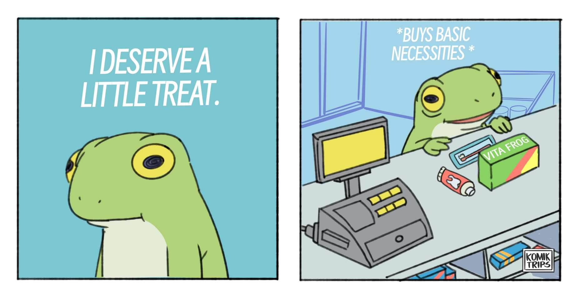 The meme features a cartoon frog sitting at a cash register, looking disappointed. The text "I DESERVE A LITTLE TREAT" is written above the frog's head, while the text "*BUYS BASIC NECESSITIES*" is written above the cash register, highlighting the frog's mundane shopping experience. The image pokes fun at the idea that even a simple pleasure like buying basic necessities is a "little treat" for the frog.