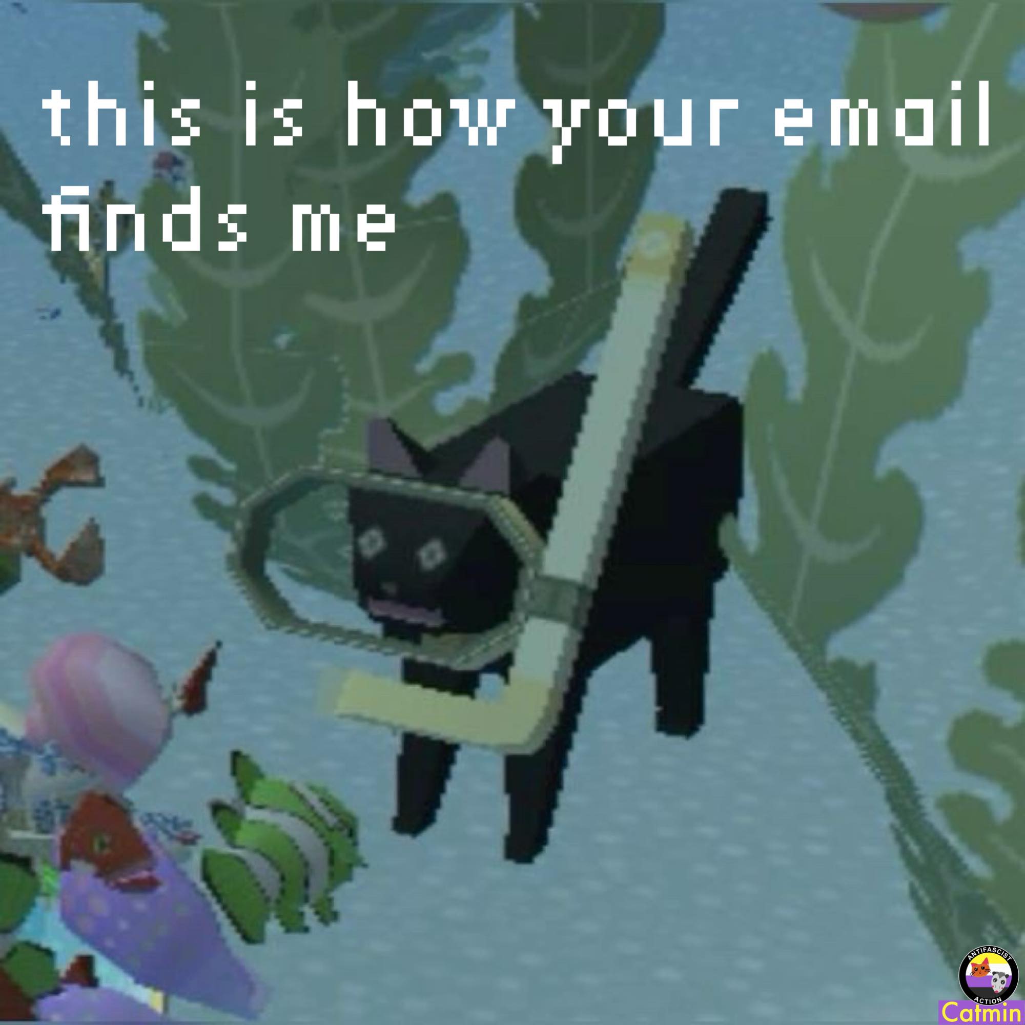This meme is a humorous image of a cat wearing a scuba mask and holding a snorkel, surrounded by underwater scenery. The text "this is how your email finds me" is overlaid on the image, implying that the cat is hiding in a secret underwater location and that the email is somehow finding it.
