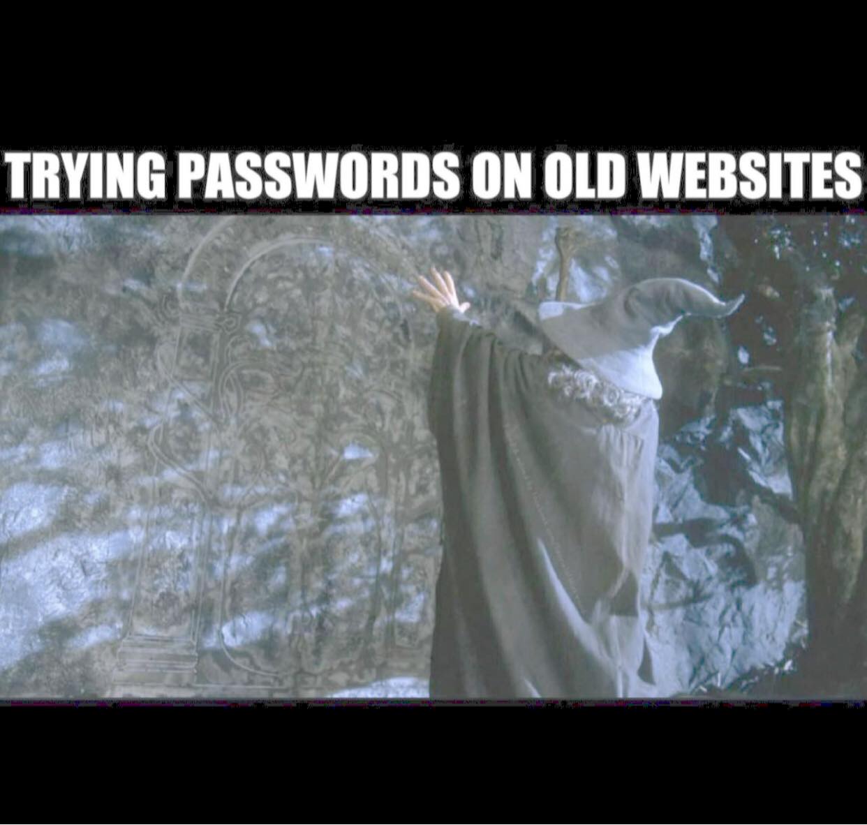 This meme is a humorous take on the frustration of trying to remember old passwords. It features a character from the Lord of the Rings, Gandalf, standing in front of a ancient, mysterious-looking door with the text "Trying passwords on old websites" above it. The image implies that trying to remember old passwords is a daunting and mysterious task, much like navigating a ancient, mystical door.