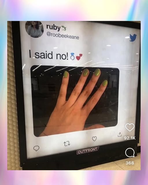 The meme is a screenshot of a social media post that shows a hand with green nail polish. The text "I said no" is written above the hand, and the post is accompanied by a red heart emoji and a blue heart emoji, indicating that the person was rejected in a romantic or social situation. The post is likely a humorous way to express frustration or disappointment.