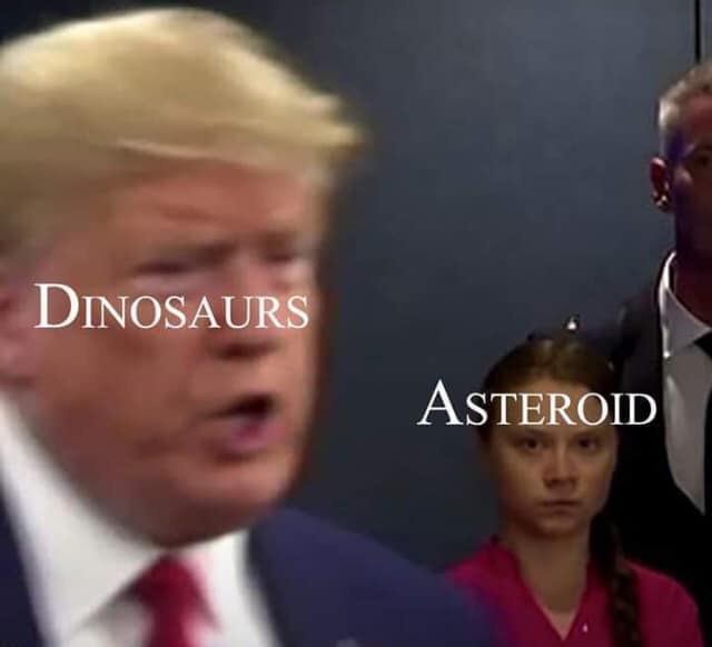 This meme features a screenshot of a person looking unimpressed, with the words "Dinosaurs" and "Asteroids" written across their face. The text is meant to be humorous, implying that the person is being destroyed by both ancient beasts and space rocks.